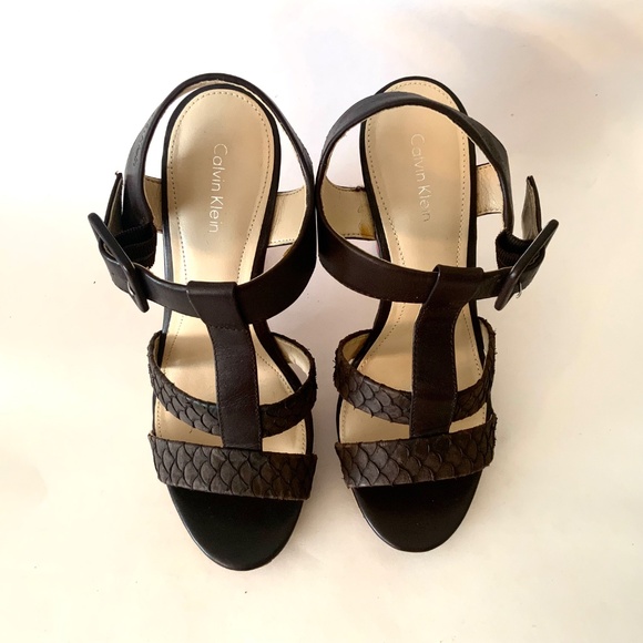 Calvin Klein Bea Platform Stiletto Heel Sandal Brow Red Leather T-Strap Pump 7.5 - Picture 15 of 16